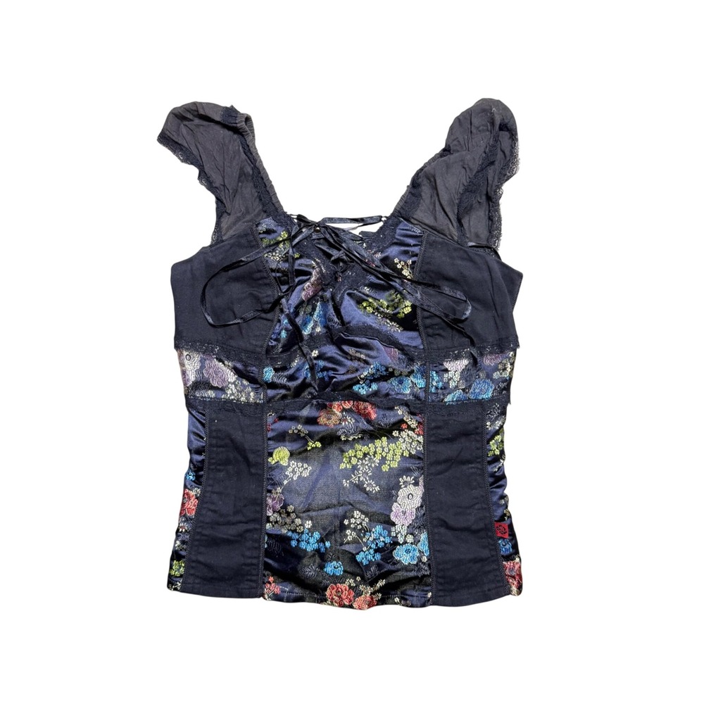 Tripp NYC Vintage Blue Floral Satin Corset Top Lace Up Goth Punk